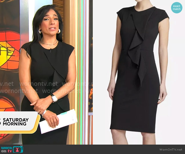 DKNY Ruffled Cap Sleeves Sheath Dress worn by Michelle Miller on CBS Mornings