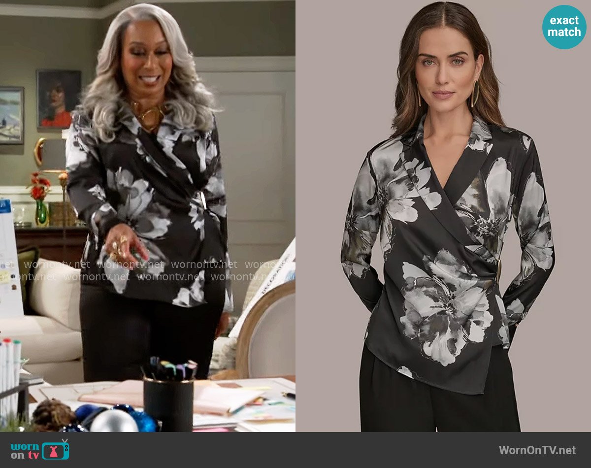 Donna Karan Long-Sleeve Printed Shawl-Collar Blouse worn by Anita Dupree (Tamara Tunie) on Beyond the Gates