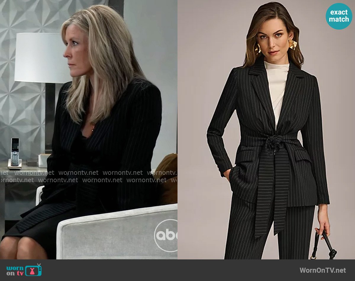 Donna Karan Pinstripe Tie-Front Blazer worn by Carly Spencer (Laura Wright) on General Hospital