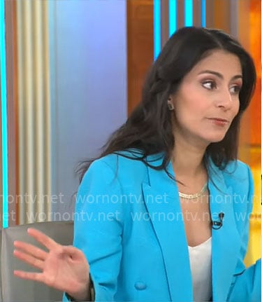 Dr Celine Gounder's turquoise blue blazer on CBS Mornings