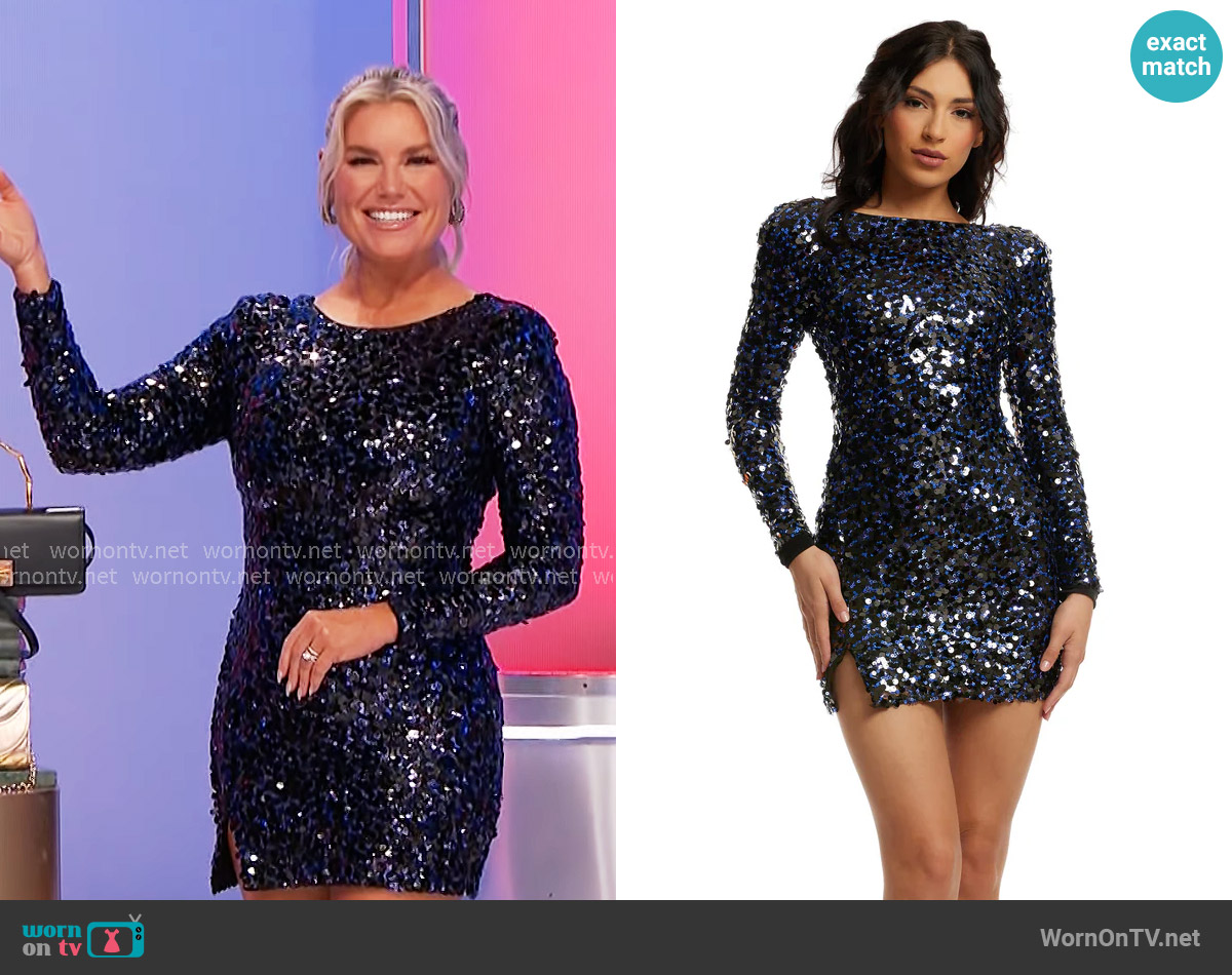 Dress the Population Nathalia Dress in Navy Multi worn by Rachel Reynolds on The Price is Right