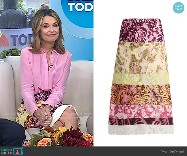 Dries Van Noten Stan Mixed Print Midi Skirt in Burgundy worn by Savannah Guthrie on Today