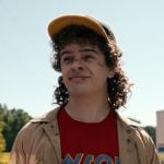 Dustin’s red WSQK print tee on Stranger Things