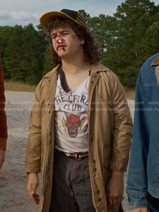 Dustin’s Hellfire Club tee and yellow baseball cap on Stranger Things