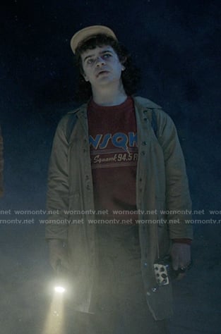 Dustin’s red WSQK print sweatshirt on Stranger Things