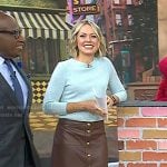 Dylan’s blue sweater and brown leather skirt on Today