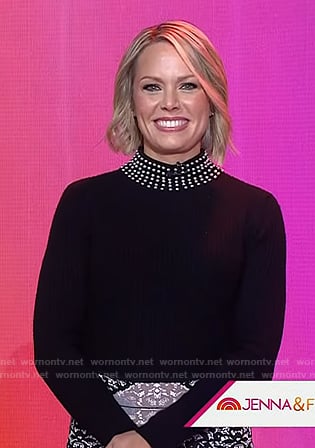 Dylan’s black pearl neck sweater print lace skirt on Today