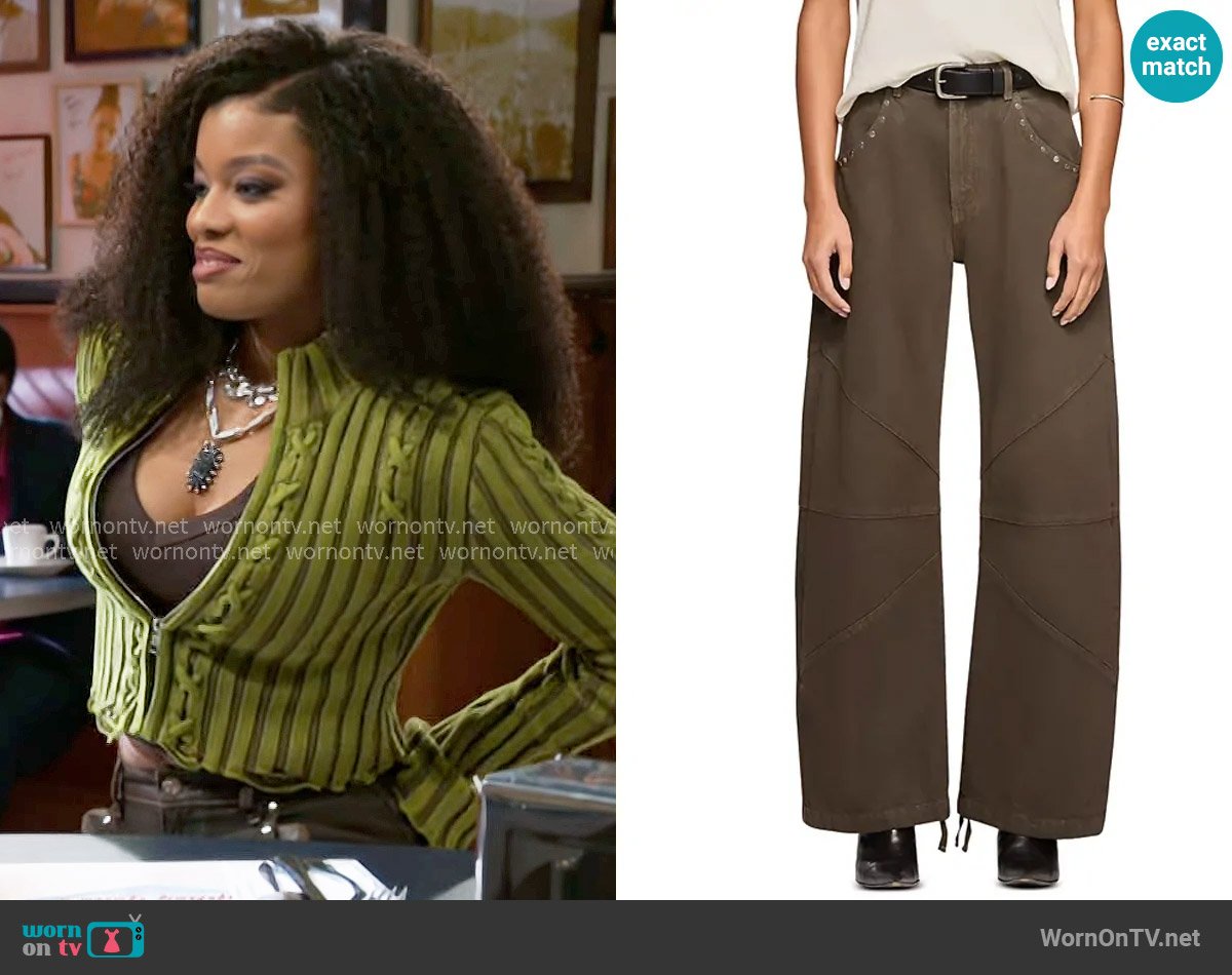 EB Denim Frederic High Rise Barrel Leg Jeans in Coated Saddle worn by Eva Thomas (Ambyr Michelle) on Beyond the Gates