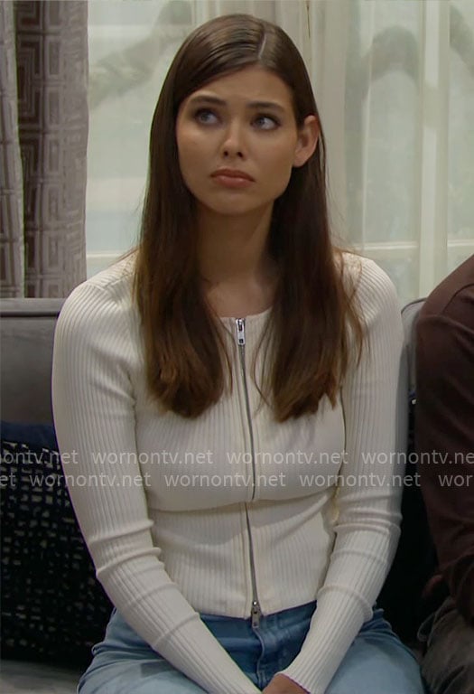 Electra’s white ribbed zip up cardigan on The Bold and the Beautiful