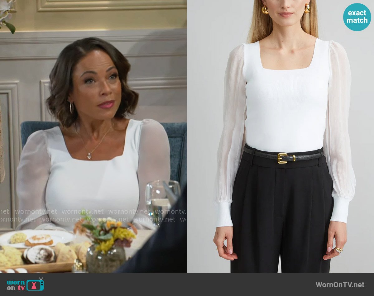 Elie Tahari Chiffon Sleeve Sweater in Pearl worn by Nicole Dupree Richardson (Daphnee Duplaix) on Beyond the Gates