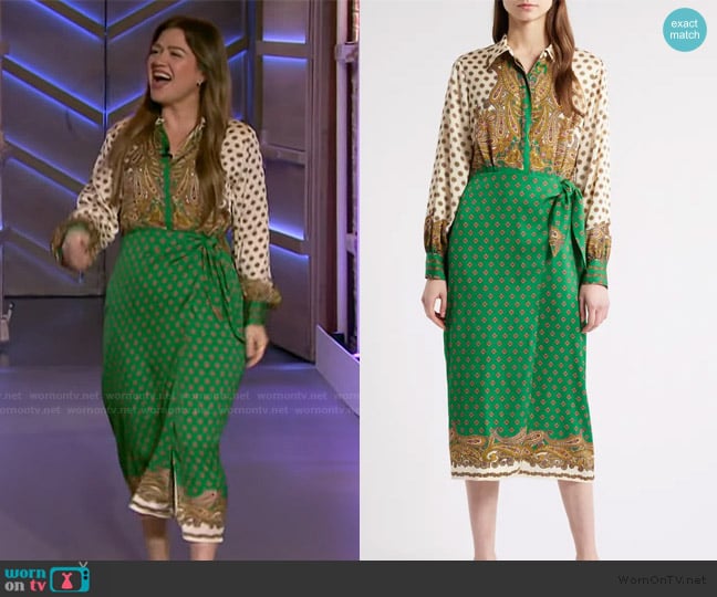 Elie Tahari Vero Jewel Paisley Wrap Midi-Dress worn by Kelly Clarkson on The Kelly Clarkson Show