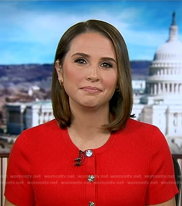 Elisabeth's red ribbed short sleeve cardigan on Good Morning America
