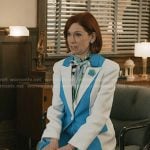 Elsbeth’s blue and white colorblock suit on Elsbeth