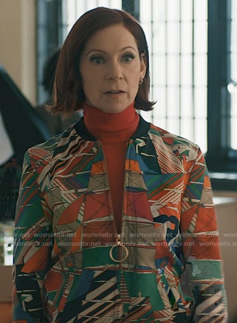 Elsbeth's abstract print zip jacket on Elsbeth