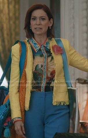 Elsbeth's bird print blouse on Elsbeth