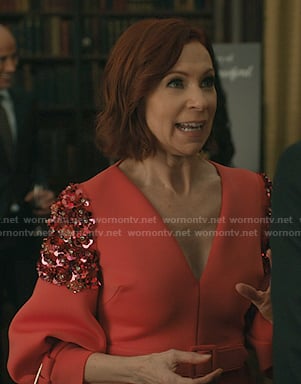 Elsbeth's pink embellished v-neck sheath dress on Elsbeth