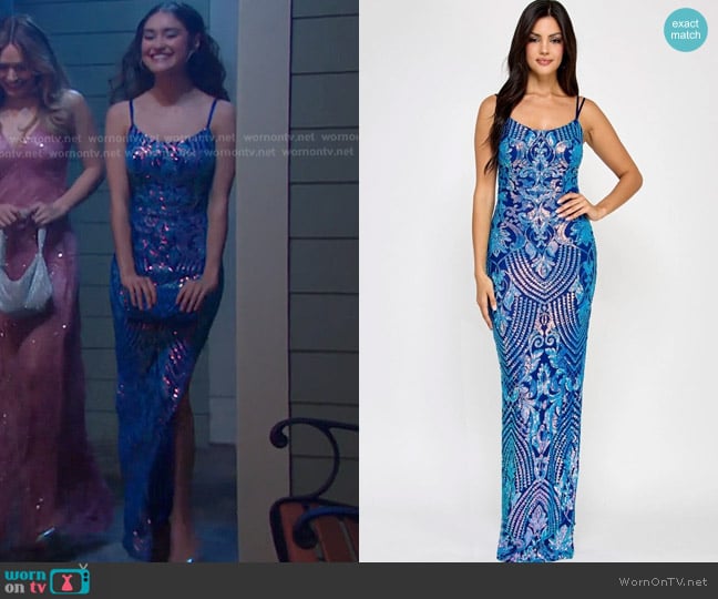 Emerald Sundae  Juniors' Sequined Side-Slit Gown worn by Arianna Horton (Marissa Reyes) on Days of our Lives