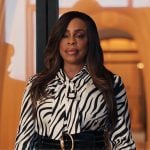 Emerald’s zebra stripe tie neck blouse and skirt on Alls Fair