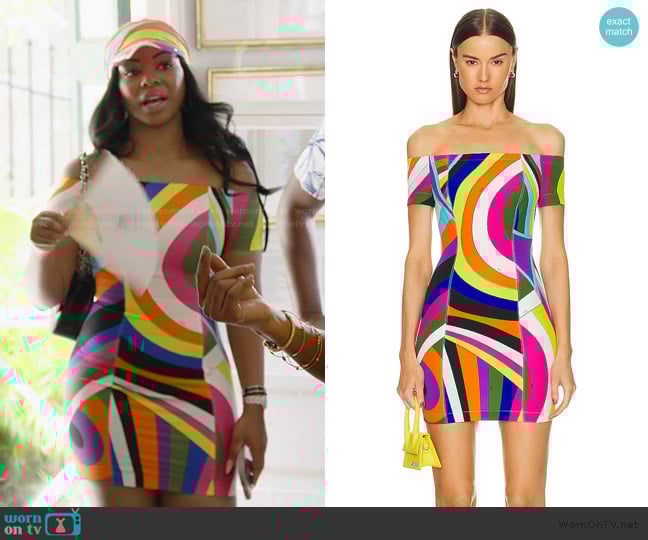 Emilio Pucci Off The Shoulder Mini Dress worn by Keiarna Stewart on The Real Housewives of Potomac
