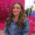 Emily’s denim embellished jacket and jeans on Access Hollywood