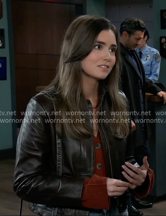 Emma’s dark brown leather jacket on General Hospital
