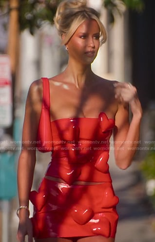 Emma’s red 3D heart patent top bnd mini skirt on Selling Sunset
