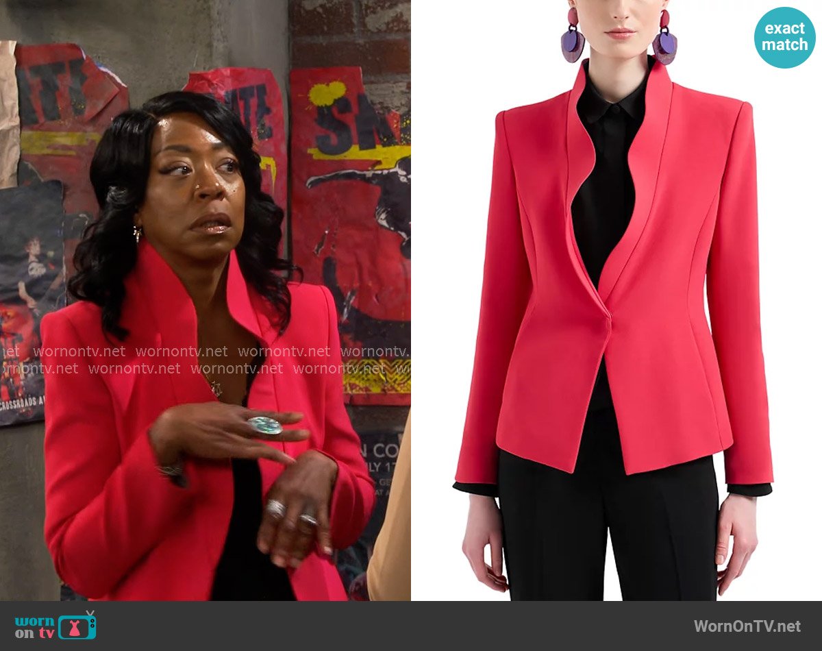 Emporio Armani Ruffled Blazer worn by Tina Butler (Tichina Arnold) on The Neighborhood