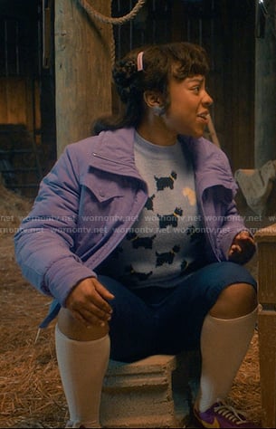 Erica’s blue dog print sweater and lilac jacket on Stranger Things