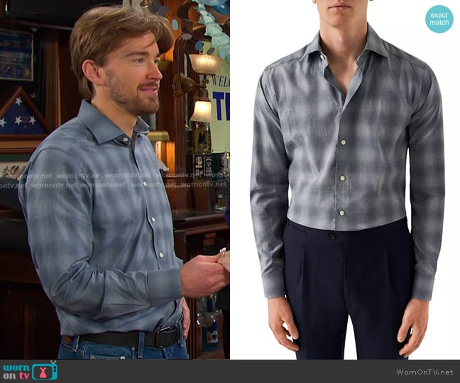 Eton Slim Fit Shadow Check Cotton Flannel Dress Shirt worn by Will Horton (Chandler Massey) on Days of our Lives
