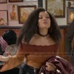 Eva’s ombre knit off-shoulder top and embroidered mini skirt on Beyond the Gates