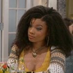 Eva’s yellow textured tank top and crochet shrug sweater on Beyond the Gates