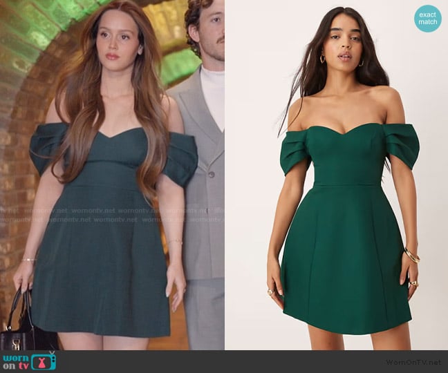 Ever New Off the shoulder structured mini dress in emerald worn by Mikayla Matthews on The Secret Lives of Mormon Wives