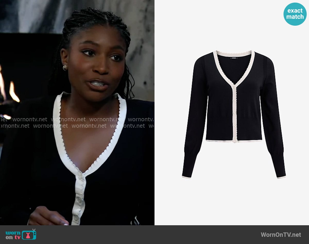 Express Contrast Trim Cardigan worn by Trina Robinson (Tabyana Ali) on General Hospital