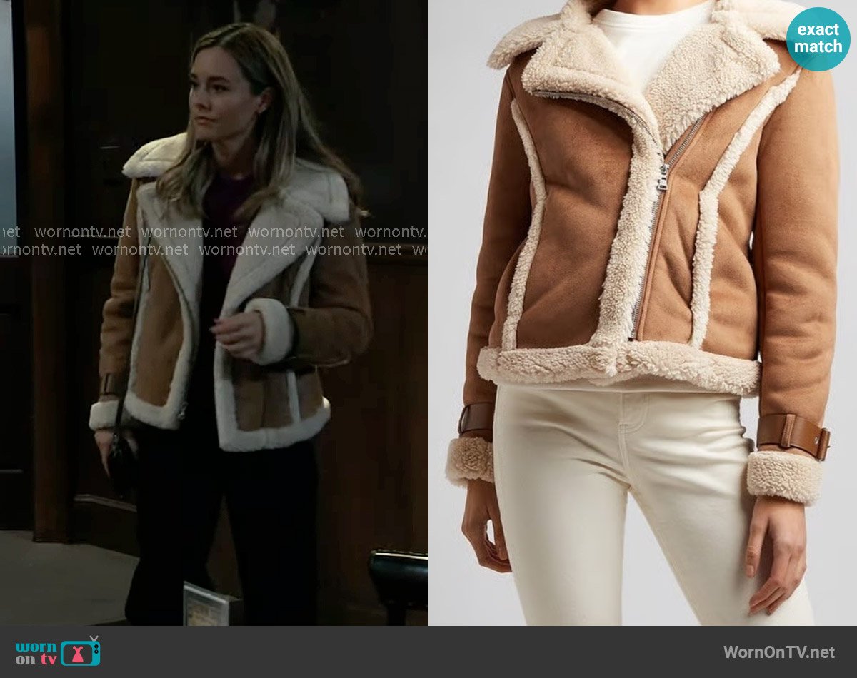 Express Faux Shearling Moto Jacket worn by Jacinda Bracken (Paige Herschell) on General Hospital