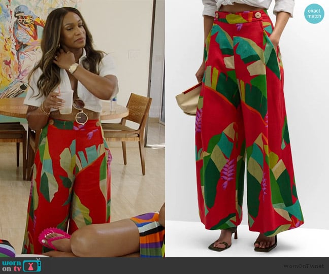 Farm Rio Heliconia Floral Linen High-Rise Wide-Leg Pants worn by Tia Glover on The Real Housewives of Potomac