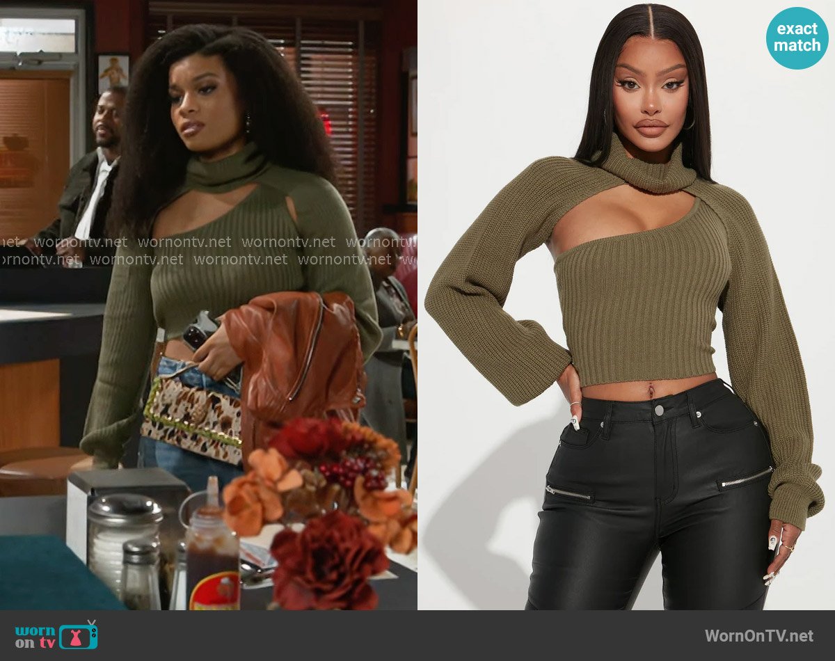 Fashion Nova Feel It Out Turtleneck Sweater Set in Olive worn by Eva Thomas (Ambyr Michelle) on Beyond the Gates