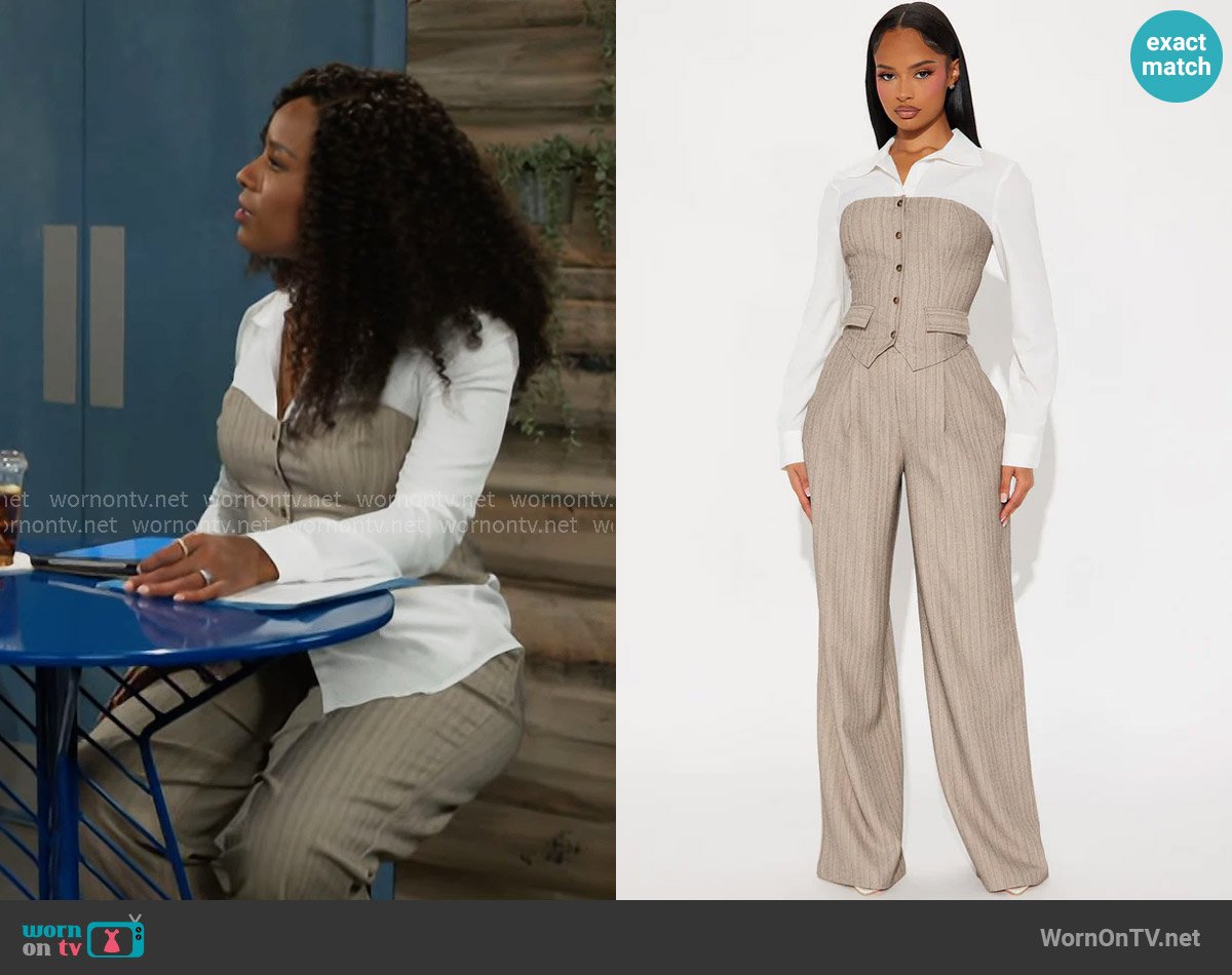 Fashion Nova In Attendance Pinstripe Wide Leg Pant Set worn by Naomi Hamilton Hawthorne (Arielle Prepetit) on Beyond the Gates