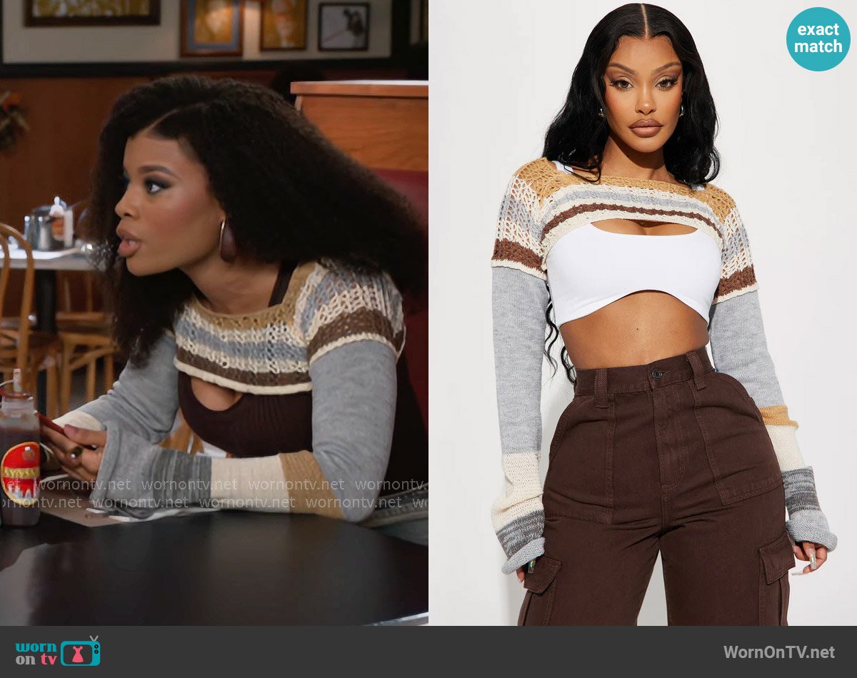 Fashion Nova Skyline Stripe Cropped Sweater Shrug worn by Eva Thomas (Ambyr Michelle) on Beyond the Gates
