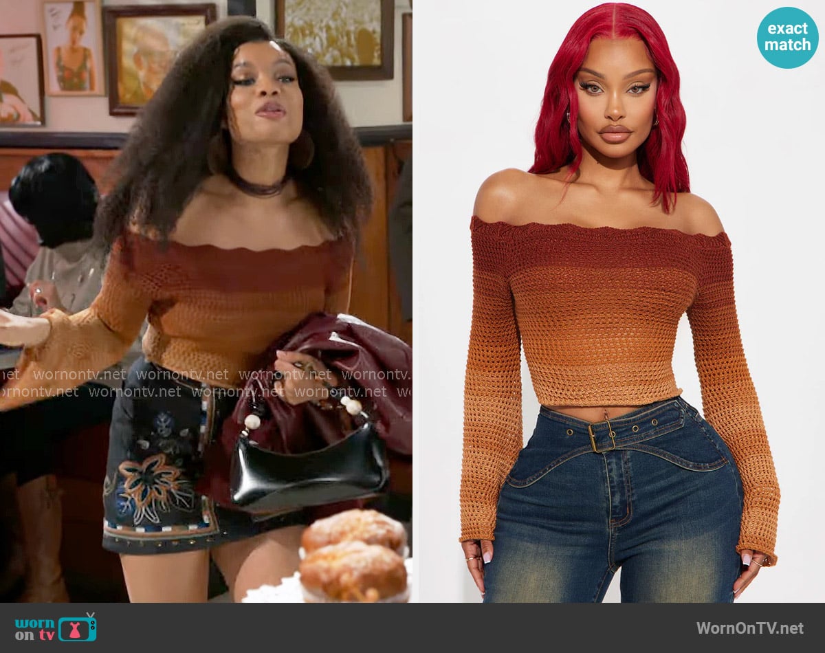 Fashion Nova Summer Sunsets Off Shoulder Crochet Top worn by Eva Thomas (Ambyr Michelle) on Beyond the Gates