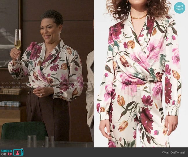 Figue Jackie Floral-Print Crossover Top worn by Rosie Edwards (April Parker Jones) on Reasonable Doubt