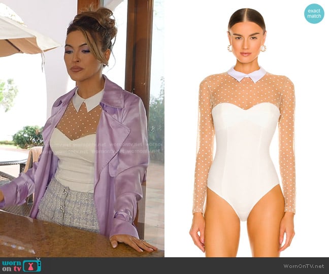 Fleur du Mal Collared Bodysuit With Dotted Tulle in Ivory worn by Chrishell Stause on Selling Sunset