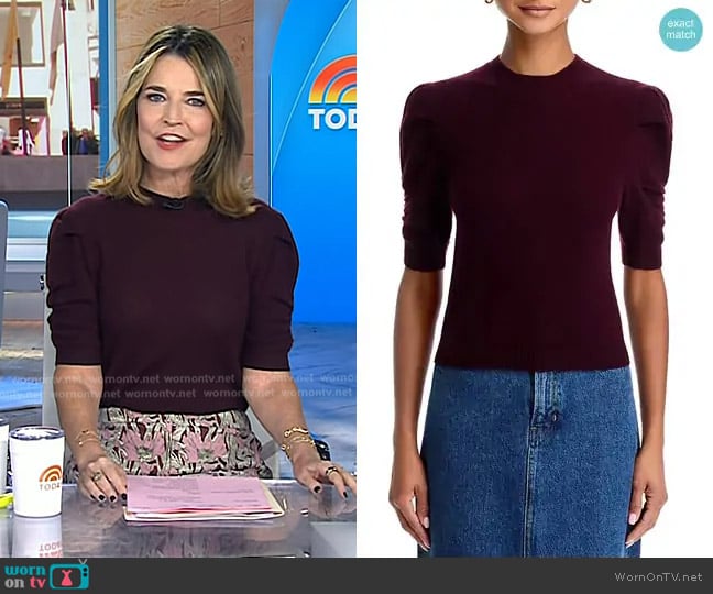 Frame Ruched Puff Sleeve Sweater in Wine worn by Savannah Guthrie on Today