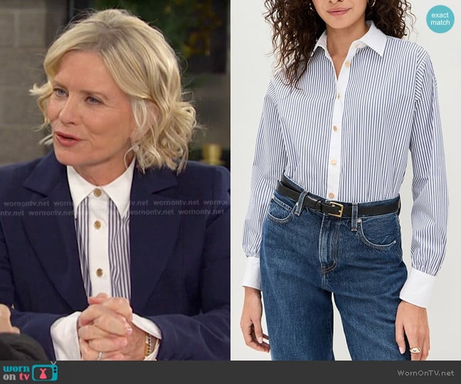 Frame The Borrowed Shirt in Dark Chambray Multi worn by Kayla Brady (Mary Beth Evans) on Days of our Lives