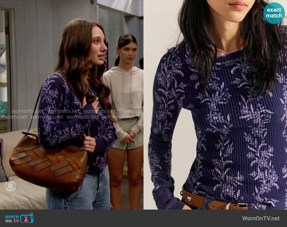 Free People Pretty Little Thermal in Blue Folk Vines worn by Dylan (Sydney Bullock) on The Bold and the Beautiful