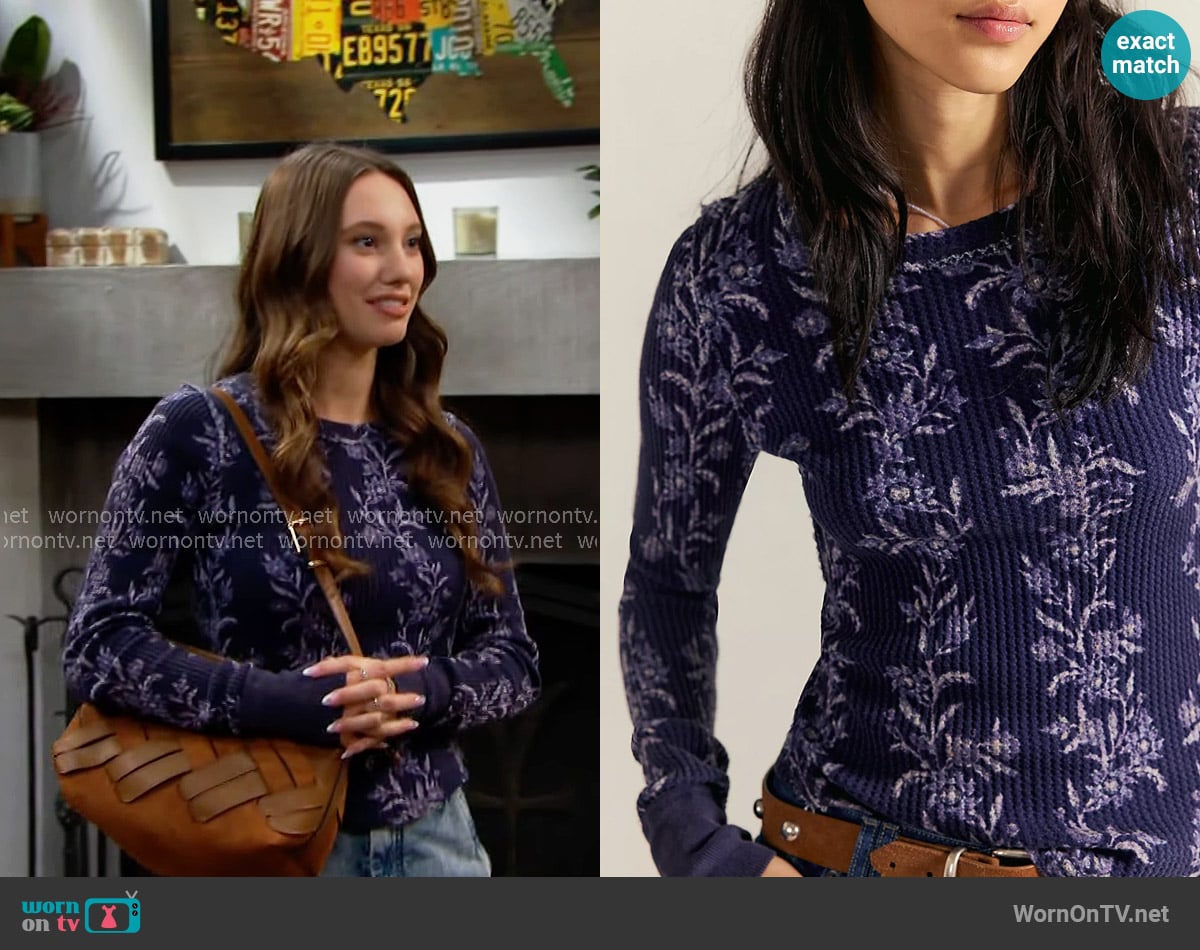 Dylan’s blue floral top on The Bold and the Beautiful Dylan’s blue floral top on The Bold and the Beautiful