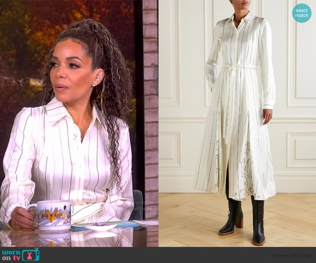 Sunny’s white satin stripe shirtdress on The View Sunny’s white satin stripe shirtdress on The View