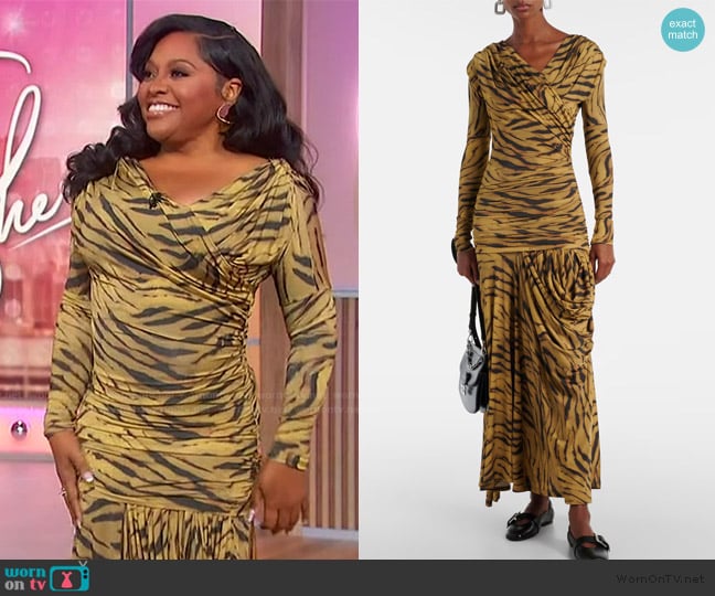 Ganni Tiger-print draped midi dress worn by Sherri Shepherd on Sherri