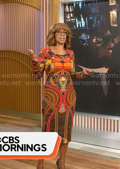 Gayle King’s orange printed dress on CBS Mornings