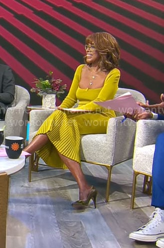 Gayle King’s yellow square-neck midi dress on CBS Mornings