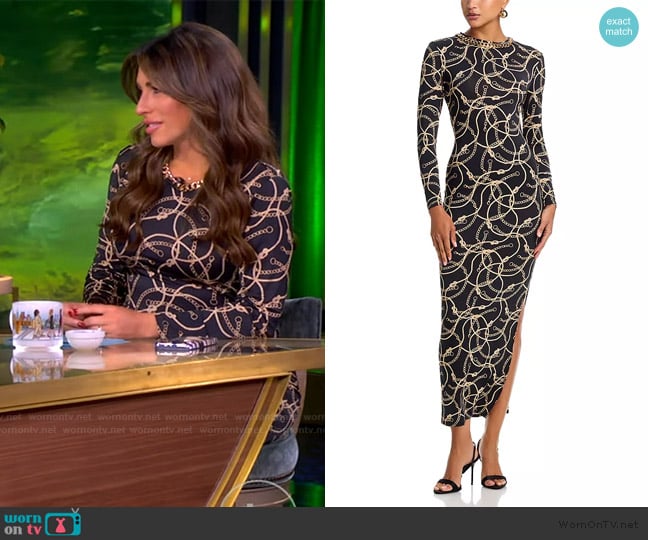 Alyssa’s black chain print maxi dress on The View Alyssa’s black chain print maxi dress on The View